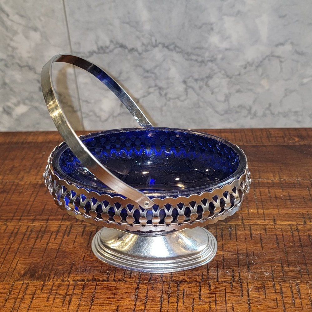 Vintage Cobalt Blue Glass Jam/Condiment/Candy Dish, Chrome Plate Basket Stand - Picture 4 of 4